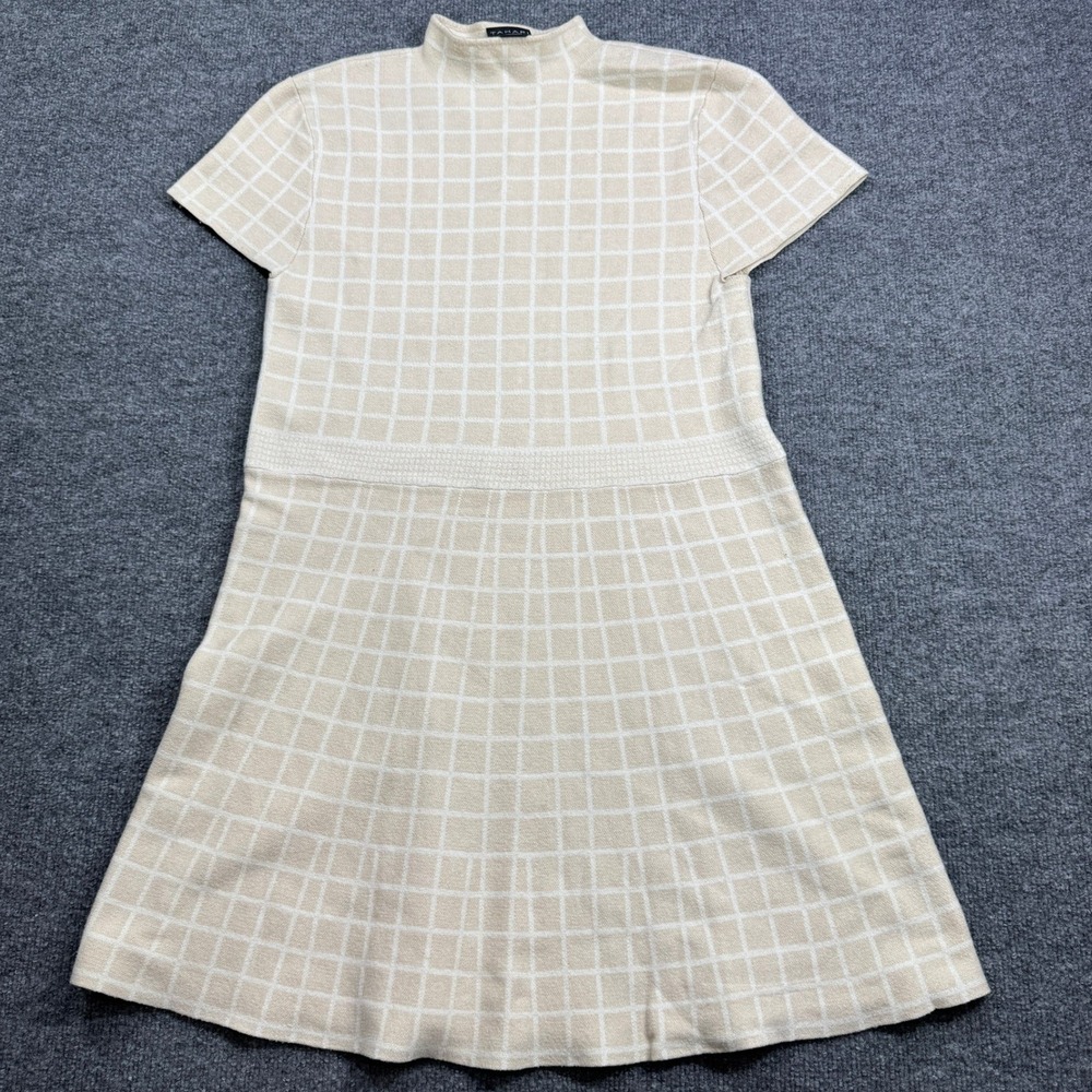 Tahari Mock Neck Sweater Dress Women XL Beige Cream Short Sleeve Windowpane